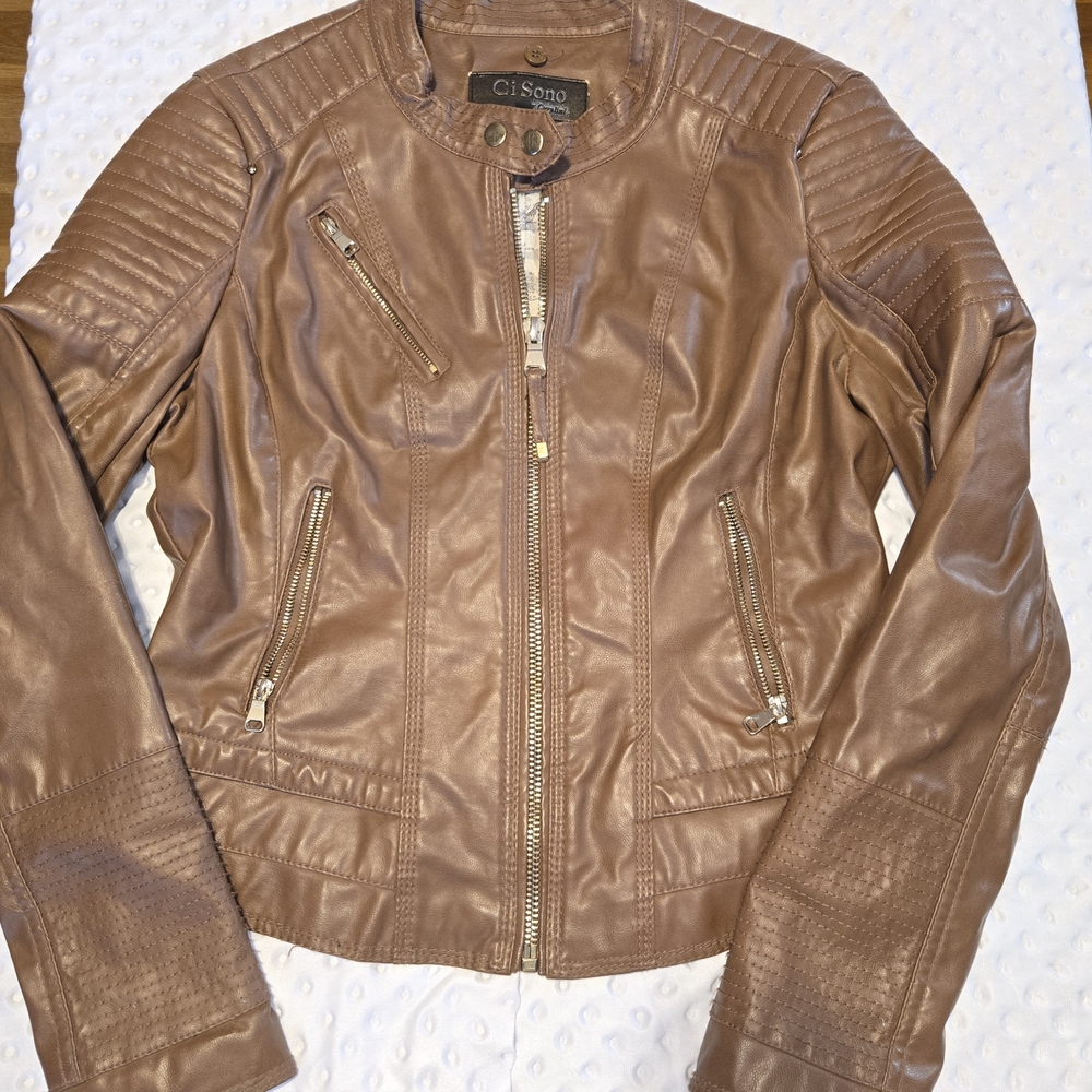 Vintage Ci Sono‎ Faux Leather Tan Motorcycle Sleek Zipper jacket Women’s Large